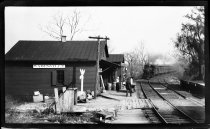 Railroad train pulling into Wadesville station